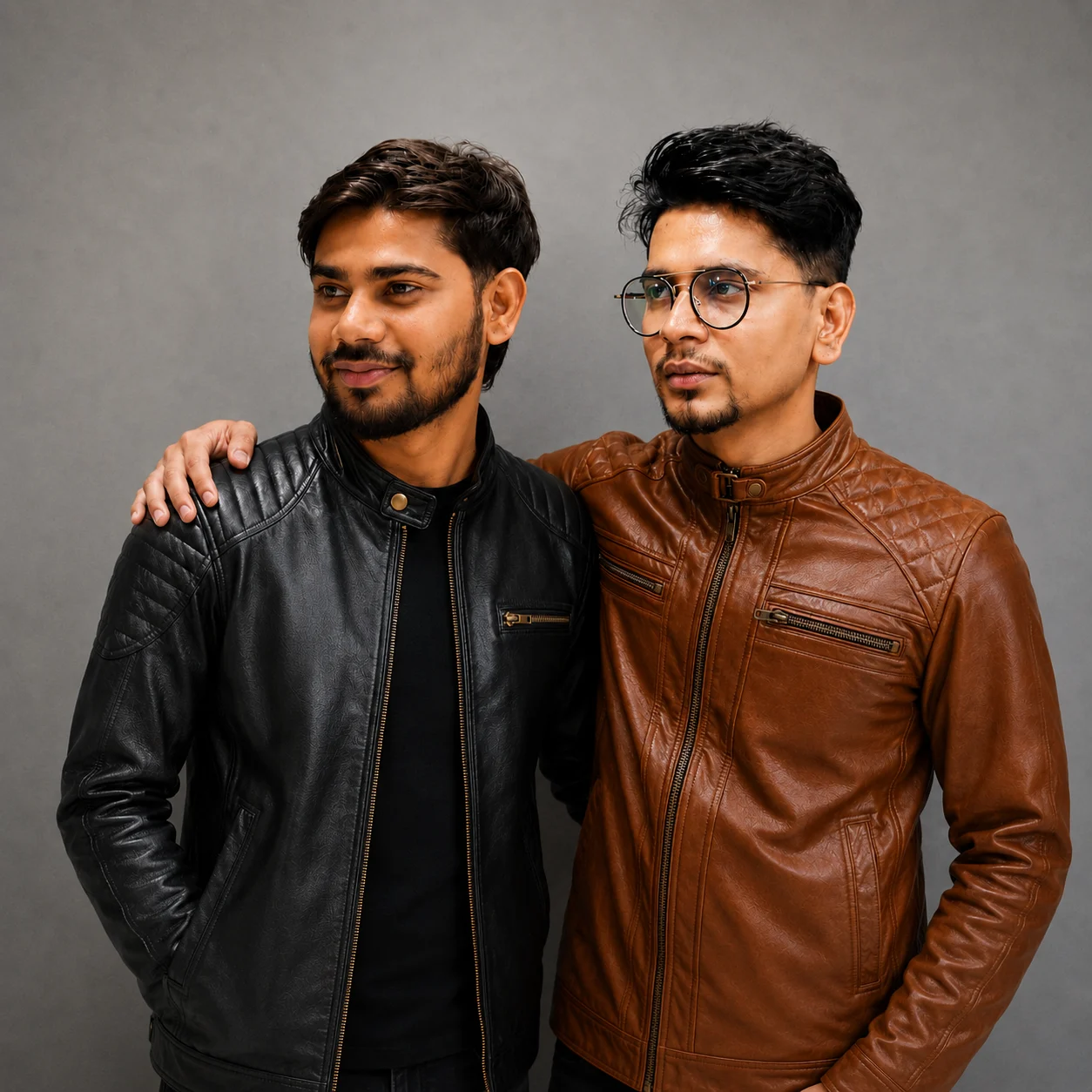 The same two men in the same pose wearing Winston Hide leather jackets, one black and one tan