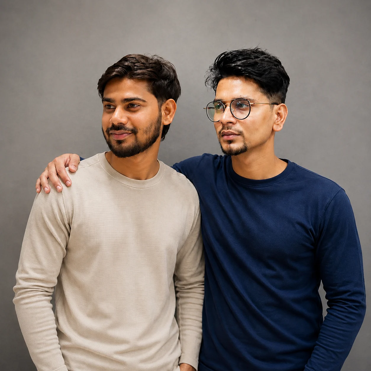 Two men standing together in plain cotton t-shirts against a grey studio backdrop