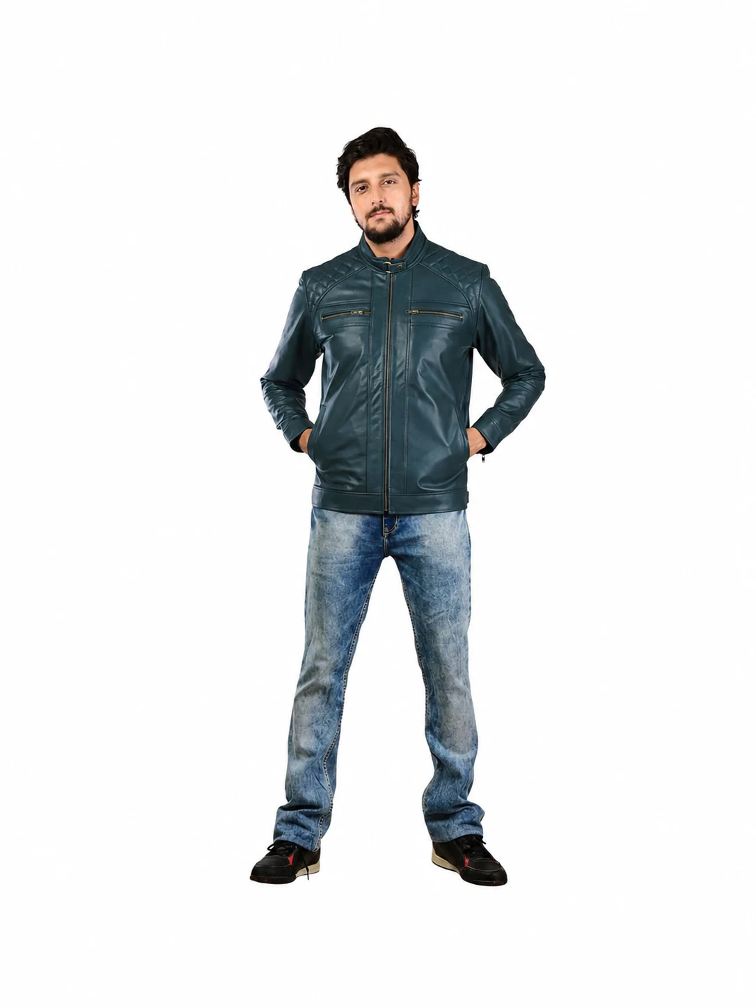 Winston Hide Broad-Shoulder Biker Jacket in Teal Blue, view 1 of 8