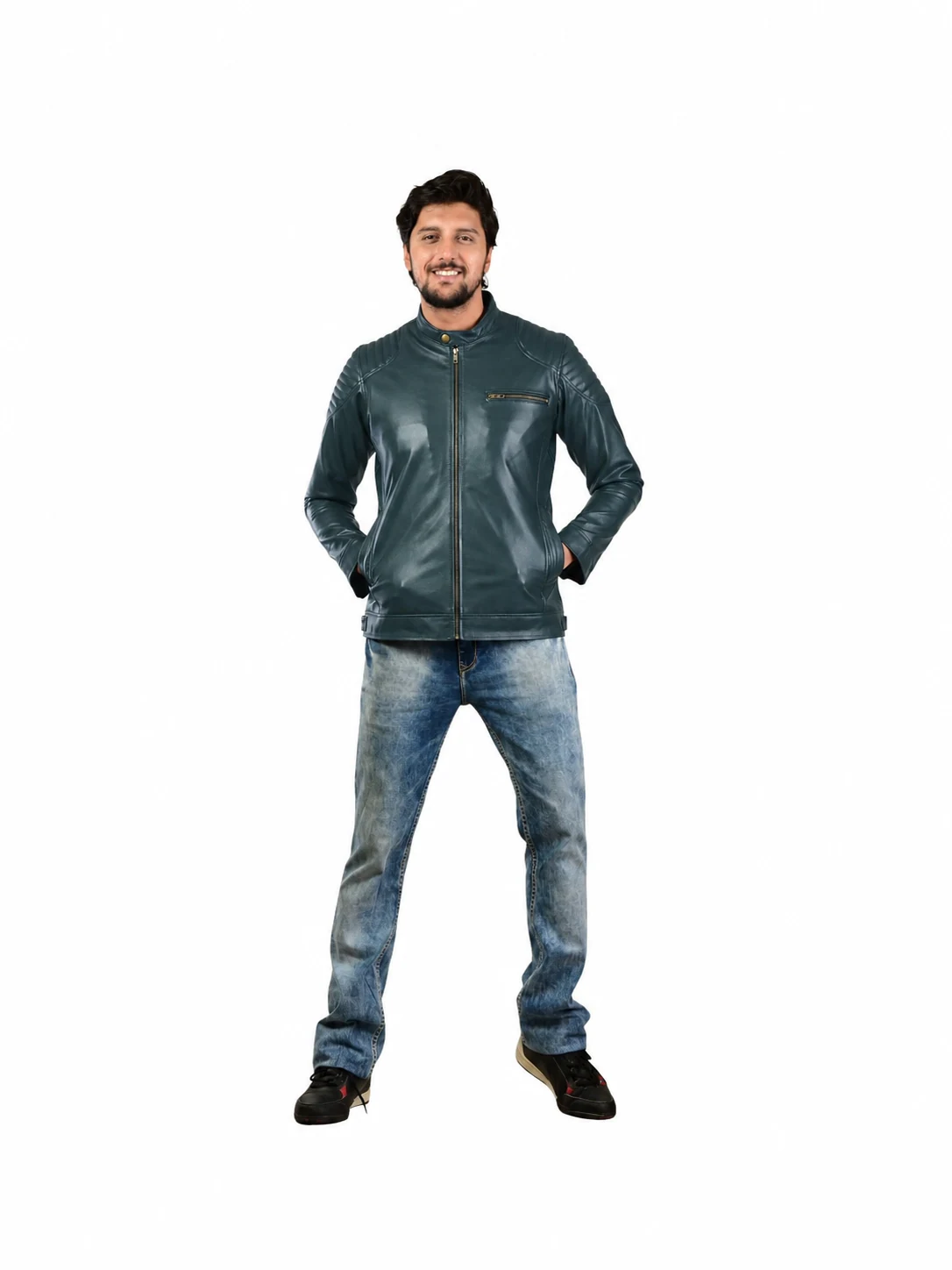 Winston Hide Classic Biker Jacket in Teal Blue, view 1 of 9
