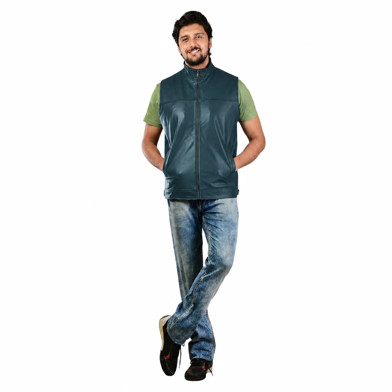 Winston Hide Half-Sleeve Biker Jacket in Teal Blue, view 1 of 8
