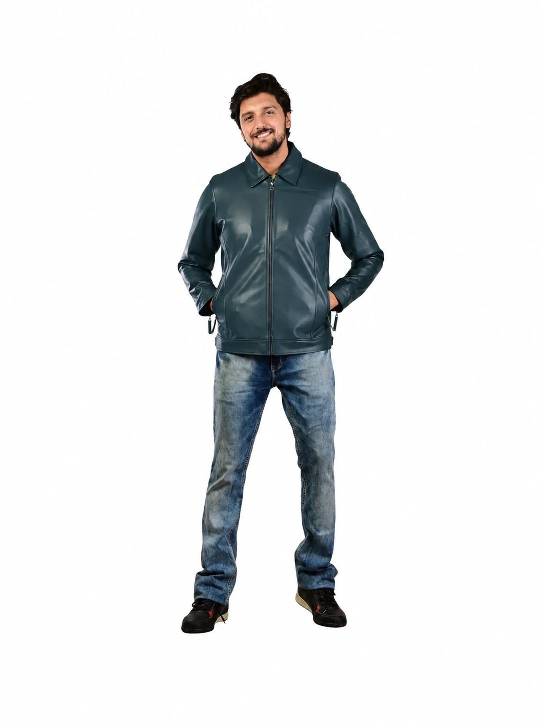 Winston Hide Straight-Fit Biker Jacket in Teal Blue, view 1 of 7
