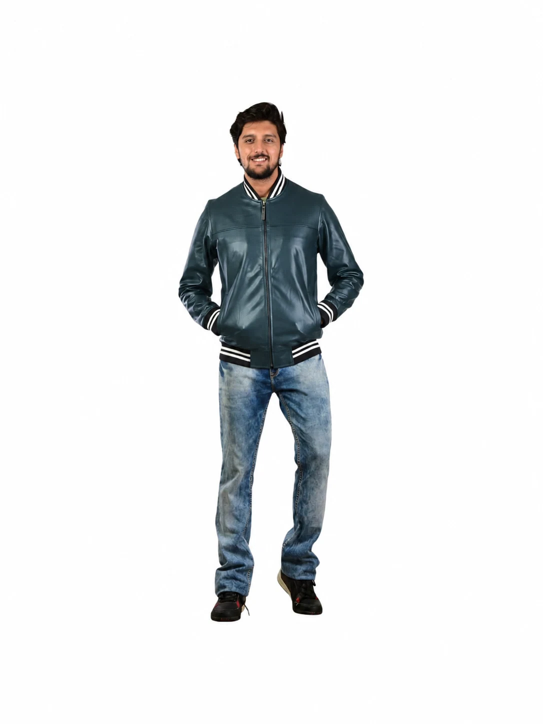 Winston Hide Stripe-Collar Biker Jacket in Teal Blue, view 1 of 8